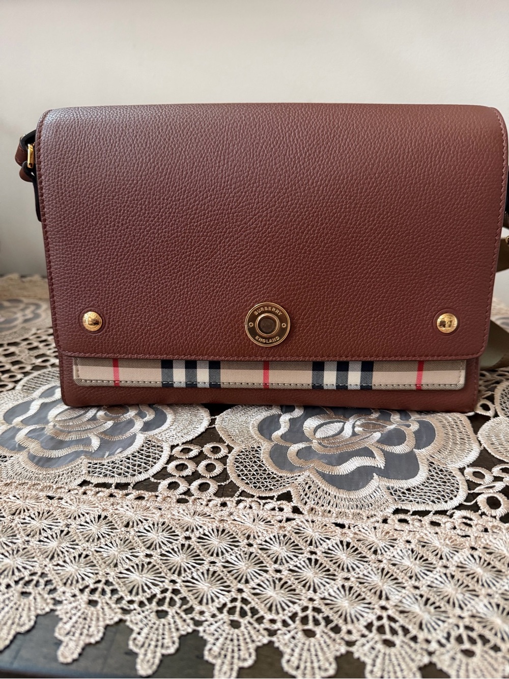 Burberry Brown Leather Crossbody with Signature Check Accent